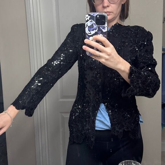 Vintage  Judith Ann Creations black sequined Silk  80s Sequin jacket sz S - Picture 6 of 6